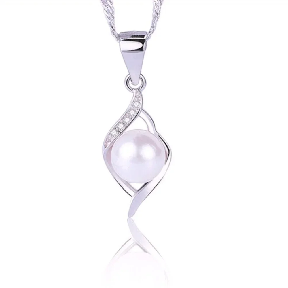 New Elegant 925 Silver Cultured Pearl Sim. Diamond Necklace